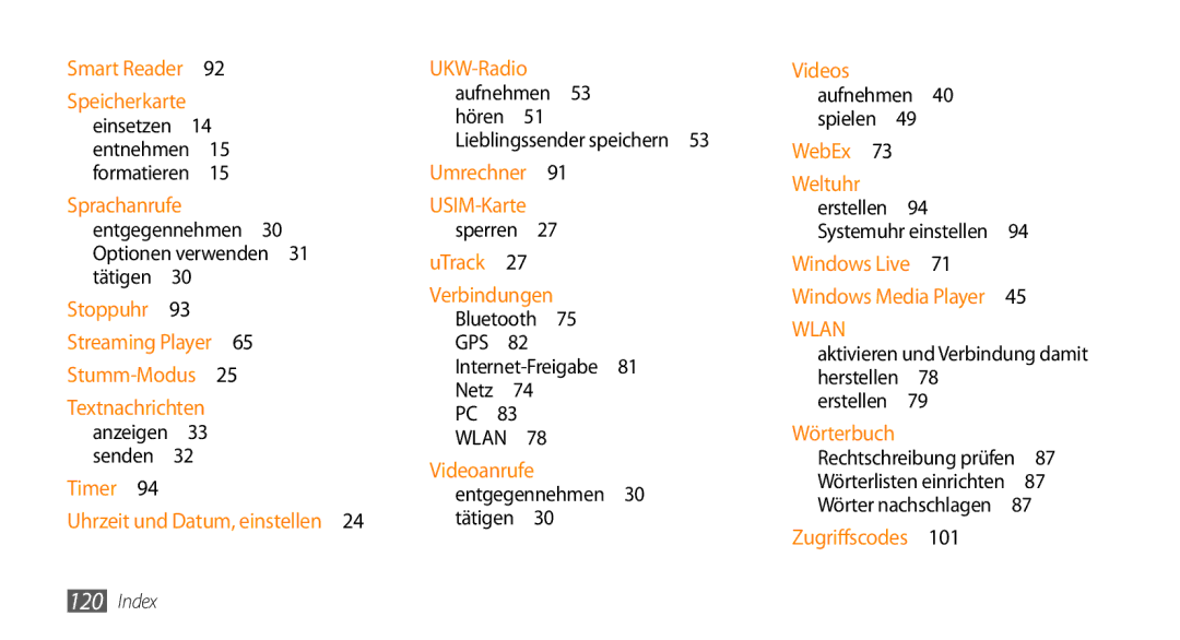 Samsung GT-B7350XKAVD2, GT-B7350XKADBT manual Umrechner USIM-Karte, Entgegennehmen 30 Optionen verwenden 31 tätigen  